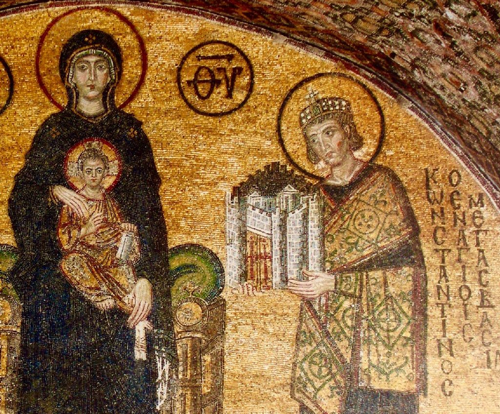[Constantino el Grande ofreciendo a la Virgen la ciudad de Constantinopla. Mosaico de la Basílica de Santa Sofía, Estambul]